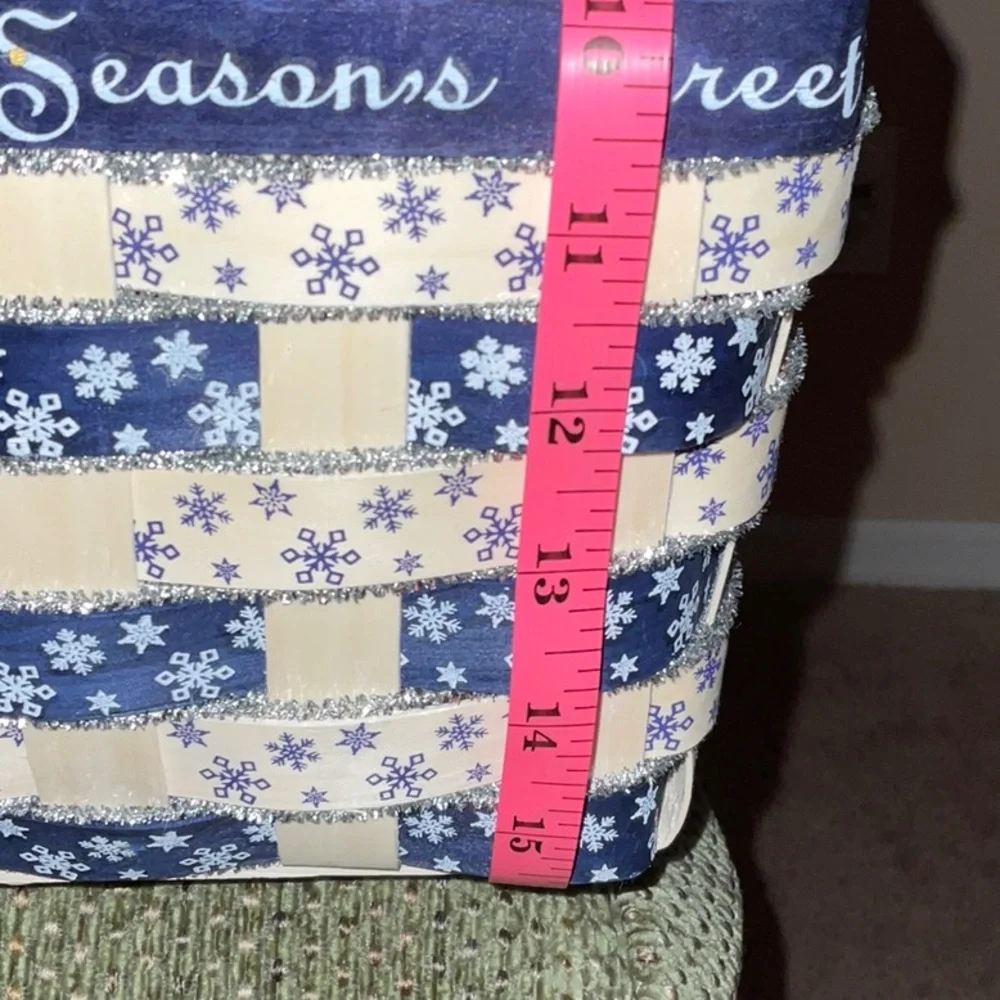 Holiday SEASONS GREETINGS Blue, Ivory, Silver Rectangular Wicker Basket handles